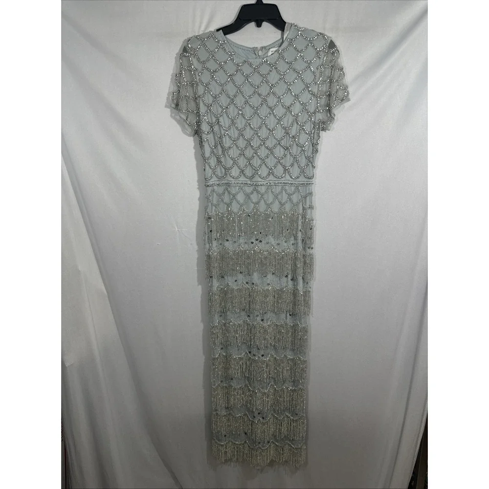 NWT Mac Duggal [ 6 ] 94077 Fringe Embellished Mesh Ankle Length Dress Gown J2379
